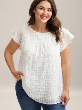 White Textured Flutter Sleeve Top